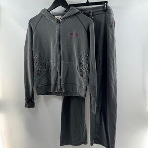Vintage Vertigo Charcoal Grey Embroidered Hoodie & Flare Sweatpants Matching Set